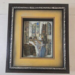 Vintage Egyptian Replica Wood Raised Shadow Box Painting 11 x 12.5 Goddess